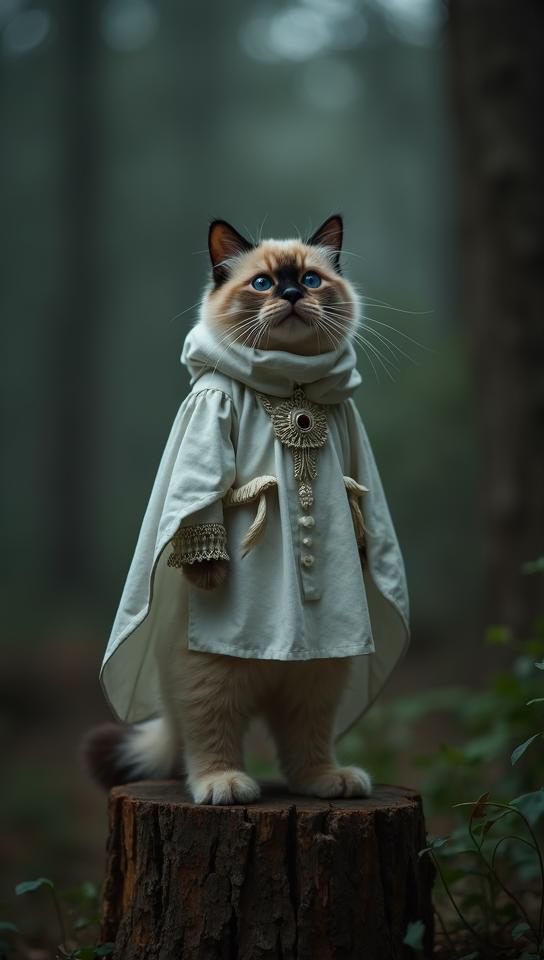 Fashion photography of a Ragdoll Cat, in Ghostly Blessed fashion outfit, Tree stump background, dynamic