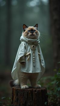 Fashion photography of a Ragdoll Cat, in Ghostly Blessed fashion outfit, Tree stump background, dynamic