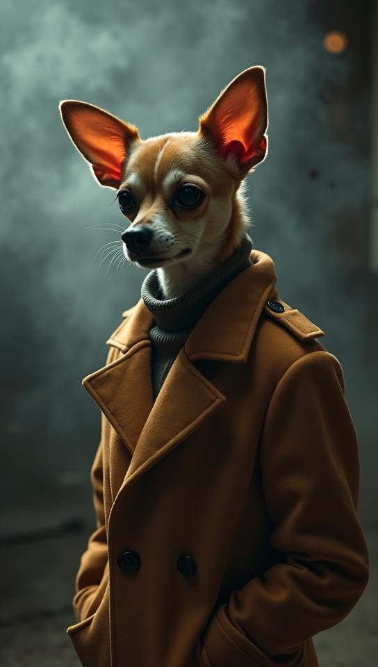 stylized by Erwin Blumenfeld , Fashion photography of a Chihuahua, Classic, wearing fashion outfit