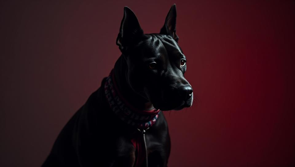Fashion photography of a noir Staffordshire Bull Terrier, wearing fashion outfit, Weirdcore, Fast Shutter Speed