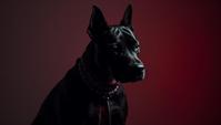 Fashion photography of a noir Staffordshire Bull Terrier, wearing fashion outfit, Weirdcore, Fast Shutter Speed