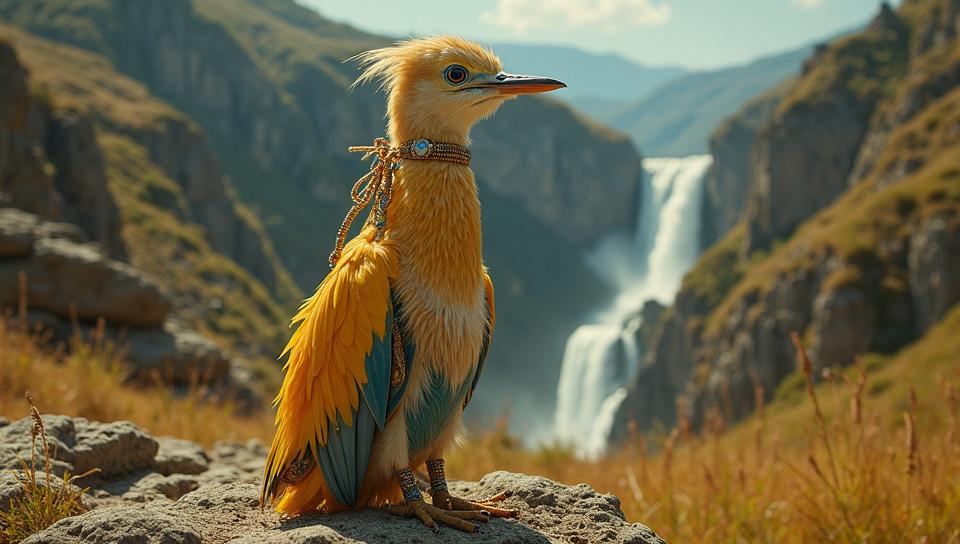 Fashion photography of a Bewitching Tiny Squacco Heron , wearing fashion outfit with Ghent adornments, hillside and Waterfall background, stylized by George Christakis