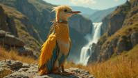 Fashion photography of a Bewitching Tiny Squacco Heron , wearing fashion outfit with Ghent adornments, hillside and Waterfall background, stylized by George Christakis