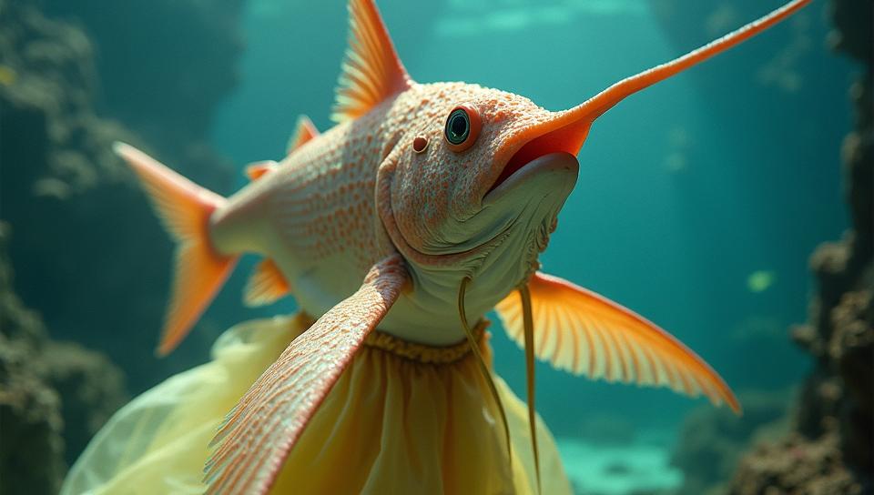 Fashion photography of a Swordfish, wearing summer fashion outfit, in focus, Vivid