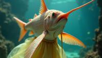 Fashion photography of a Swordfish, wearing summer fashion outfit, in focus, Vivid