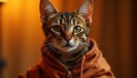 Fashion photography of a Bengal Cat, wearing fashion outfit, Warm lighting, Canon eos d mark