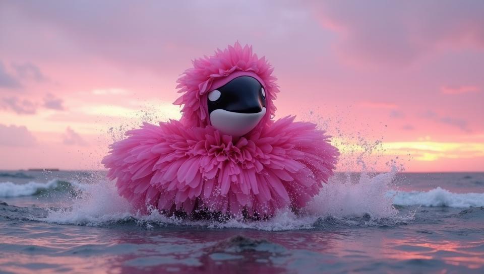 art by Caras Ionut and Nan Goldin, Fashion photography of an epic Orca, wearing beautiful pink fashion outfit, at Dusk