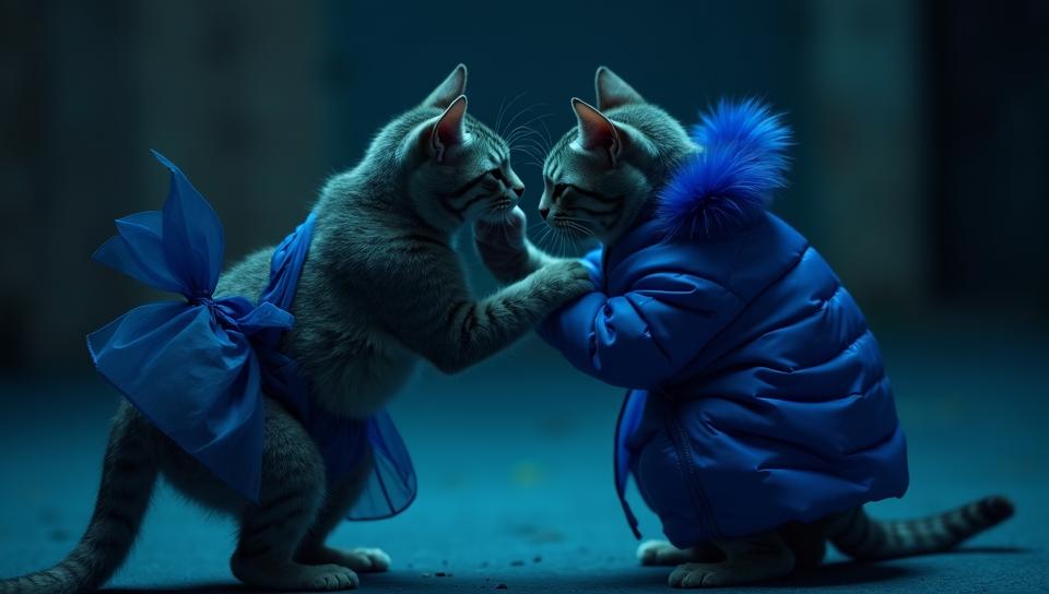 Fashion photography of an exquisite Lebanese Chartreux Cat Wrestling, award winning, wearing blue fashion outfit, at Nighttime