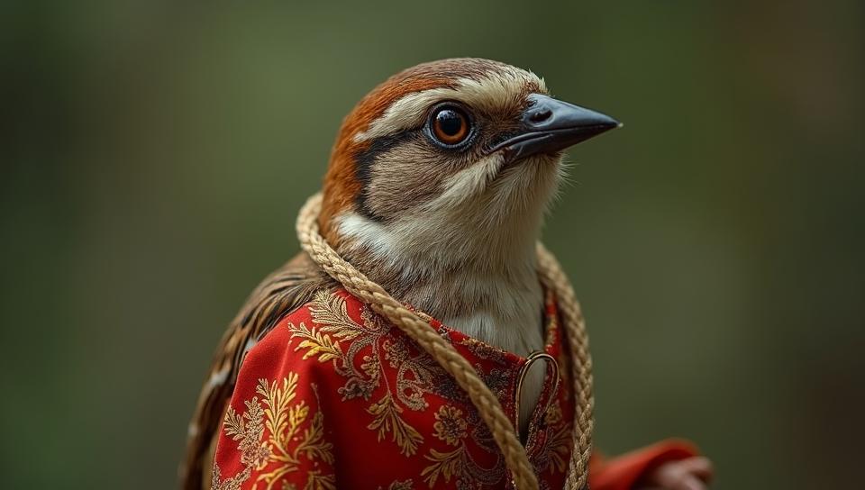 Fashion photography of a hyper detailed, Samoan Chipping Sparrow, wearing Brocade and Garnet fashion outfit, Rope