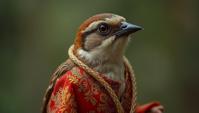 Fashion photography of a hyper detailed, Samoan Chipping Sparrow, wearing Brocade and Garnet fashion outfit, Rope