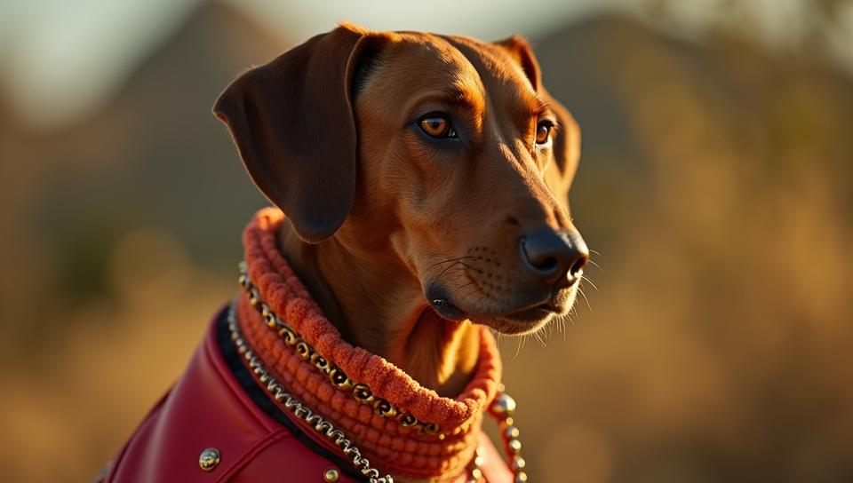 Fashion photography of a Rhodesian Ridgeback, Magnificent, wearing Psychadelic fashion outfit, Cold Lighting