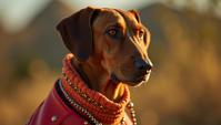 Fashion photography of a Rhodesian Ridgeback, Magnificent, wearing Psychadelic fashion outfit, Cold Lighting
