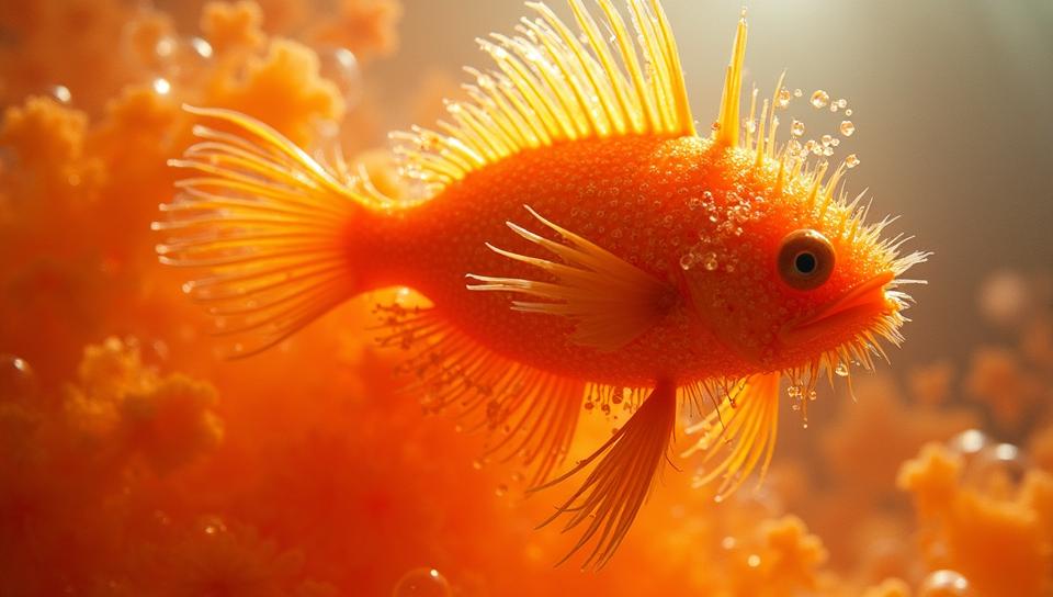 by David Spriggs , Fashion photography of a Anglerfish , it is Nonchalant, wearing orange fashion outfit