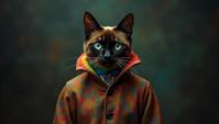 stylized by David LaChapelle and Louise Dahl Wolfe , Fashion photography of a Friendly Tonkinese Cat with dark rainbow details, wearing fashion outfit, Tintage