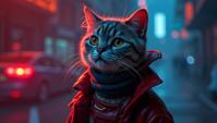 stylized by Daniel Jaems, Fashion photography of a Scottish Fold Cat , it is wearing a fashion outfit, It is Retrofuturistic