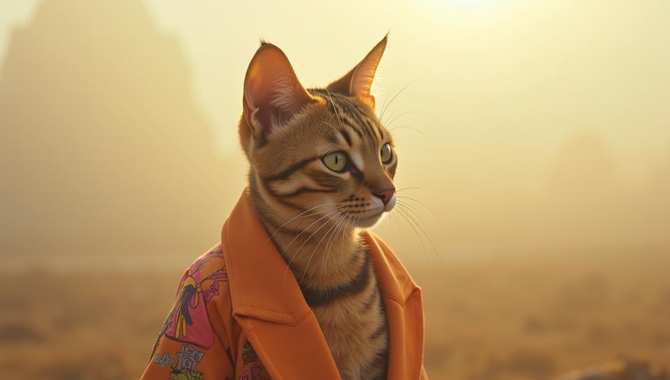 Fashion photography of a Bengal Cat, it is Anime, it is wearing a Dada Art fashion style fashion outfit, Foggy