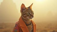 Fashion photography of a Bengal Cat, it is Anime, it is wearing a Dada Art fashion style fashion outfit, Foggy
