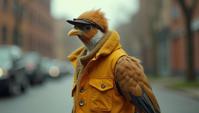 Fashion photography of a Hairy Gould s Finch, wearing fashion outfit, Supple street in background, by GLaDOS