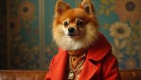 Fashion photography of an in charming fashion outfit, Inca Pomeranian, Kodak Ektar , mm lens