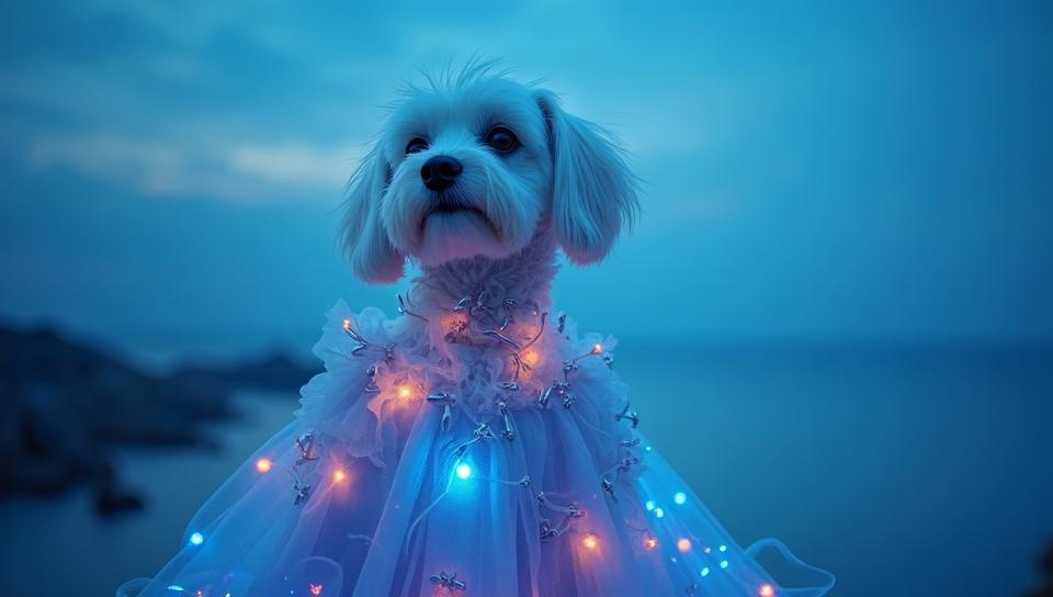 designed by Nickolas Muray Monia Merlo , Fashion photography of a Maltese , it is Awful, it is dressed in Generative Art fashion style fashion outfit