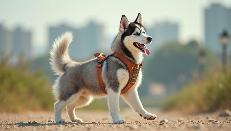 art by Mark Steinmetz, Fashion photography of a beefy baby Siberian Husky Exercising, wearing summer fashion outfit, near city