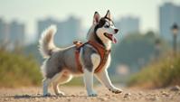 art by Mark Steinmetz, Fashion photography of a beefy baby Siberian Husky Exercising, wearing summer fashion outfit, near city