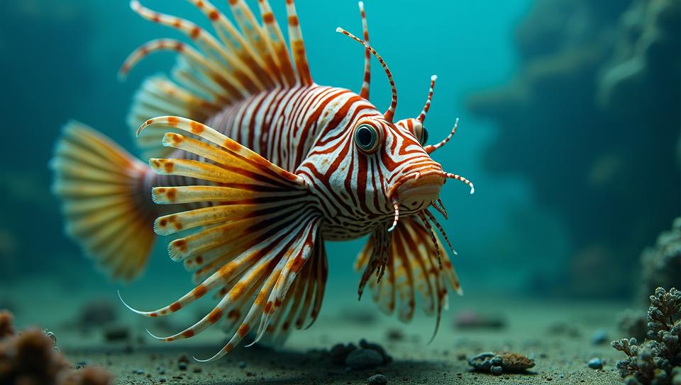 Fashion photography of a Lionfish , wearing fashion outfit, Wide view, designed by Louis Stettner