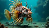 Fashion photography of a Lionfish , wearing fashion outfit, Wide view, designed by Louis Stettner