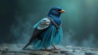 Fashion photography of a Wonderful Moorish Dark Eyed Junco , it is wearing a fashion outfit, its fashion outfit is Azure and has Steel and Silk Charmeuse adornments on it, Skirted Automail