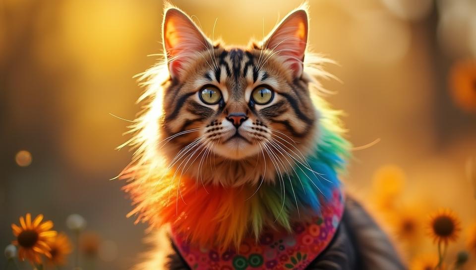 Fashion photography of a Maine Coon Cat Bengal Cat , smirking, wearing Rainbow fashion outfit, Sunny