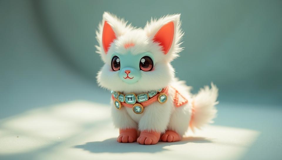 Fashion photography of a charming lovely Ice Chunk Pok mon , it is dressed in fashion outfit, its fashion outfit is White and Coral and has Calico images on it, is made from Fur and Aquamarine Gemstones