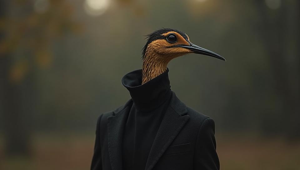 designed by Brandon Woelfel and Eug ne Atget , Fashion photography of a Dull Wilson s Snipe, wearing fashion outfit, German background