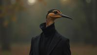 designed by Brandon Woelfel and Eug ne Atget , Fashion photography of a Dull Wilson s Snipe, wearing fashion outfit, German background