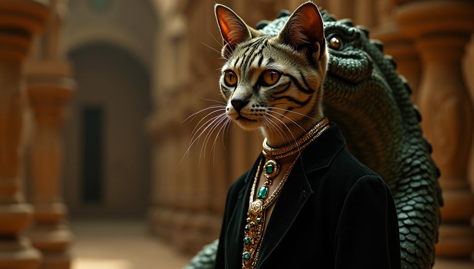 art by Jack Spencer, Fashion photography of a American Bobtail Cat wearing a Crazy Eyes, with a Hydra, wearing Velvet and Diamonds fashion outfit