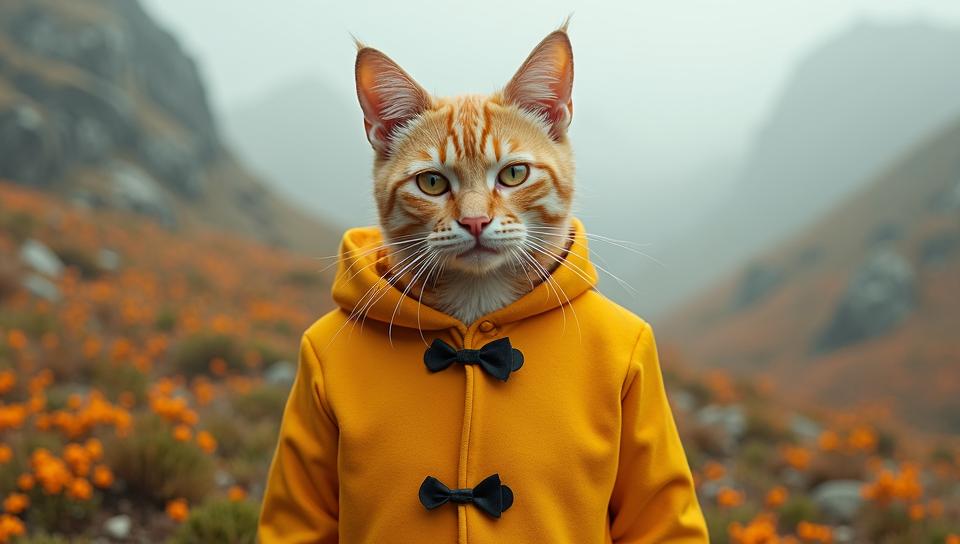 stylized by Hedi Slimane, Fashion photography of a Neon and Rainbow Birman Cat , appealing and elegant, lord of the rings scenery landscape