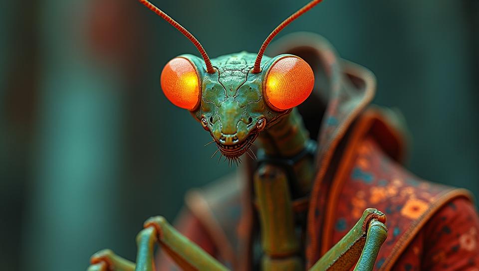 art by Roy DeCarava, Fashion photography of a Praying Mantis, Cyborg, wearing fashion outfit