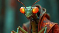 art by Roy DeCarava, Fashion photography of a Praying Mantis, Cyborg, wearing fashion outfit