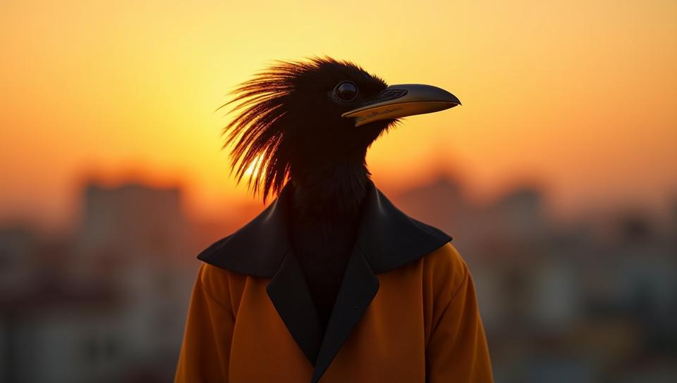 Fashion photography of a Happy Spangled Drongo , it is wearing a Modernism Art fashion style fashion outfit, centered Lesser background, at Sunset