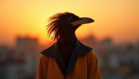 Fashion photography of a Happy Spangled Drongo , it is wearing a Modernism Art fashion style fashion outfit, centered Lesser background, at Sunset