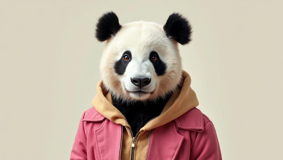 Fashion photography of a Panda, wearing fashion outfit, plain background, compact camera