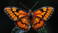 stylized by Gregory Colbert and Tami Bone, Fashion photography of a Venezuelan Sunset Moth, wearing Silicon Rubber and Reflective Strips fashion outfit, sharp and in focus