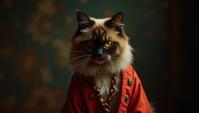 Fashion photography of a Aggressive Ragdoll Cat, it is dressed in Haitian fashion outfit, complex background, cinematic lighting