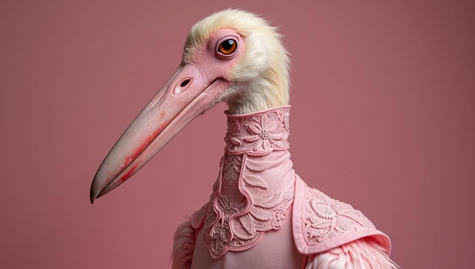 art by Antanas Sutkus, Fashion photography of a Stork, it is wearing a fashion outfit, its fashion outfit is pink and has Mandala adornments on it