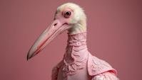 art by Antanas Sutkus, Fashion photography of a Stork, it is wearing a fashion outfit, its fashion outfit is pink and has Mandala adornments on it