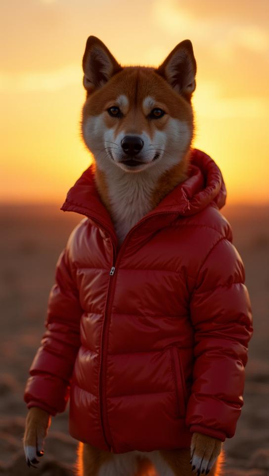 designed by Thomas Barbey and Balcomb Greene, Fashion photography of a Shiba Inu, wearing Anti Radiation Fabric and Neoprene fashion outfit, at Sunrise