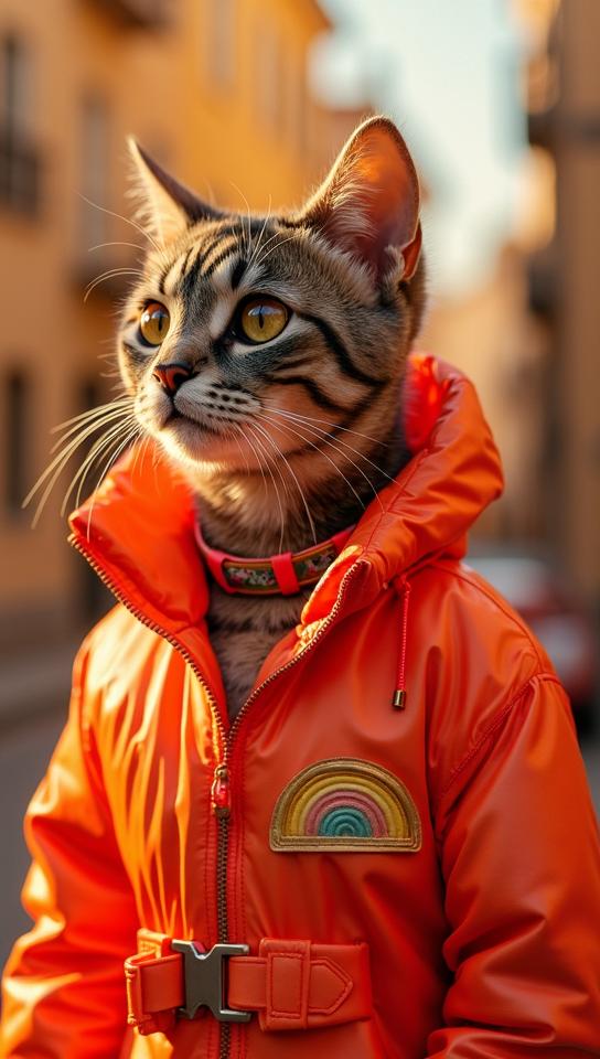 Fashion photography of a American Shorthair Cat, it is wearing a Rainbowpunk fashion style fashion outfit, Kodak portr , Depth of field mm