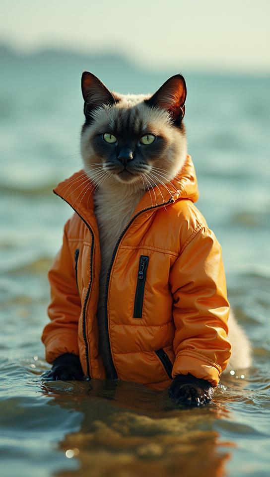 Fashion photography of a Tonkinese Cat , wearing fashion outfit, water, Wide view