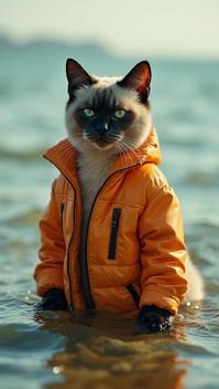 Fashion photography of a Tonkinese Cat , wearing fashion outfit, water, Wide view