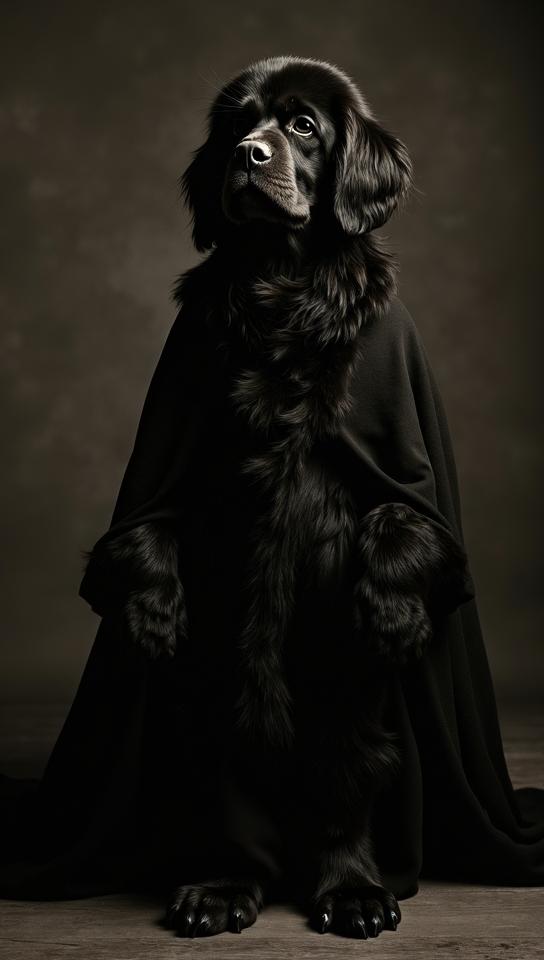 art by Karl Blossfeldt and Irving Penn, Fashion photography of a Newfoundland, it is wearing a by GLaDOS fashion style fashion outfit, Fujicolor Pro H