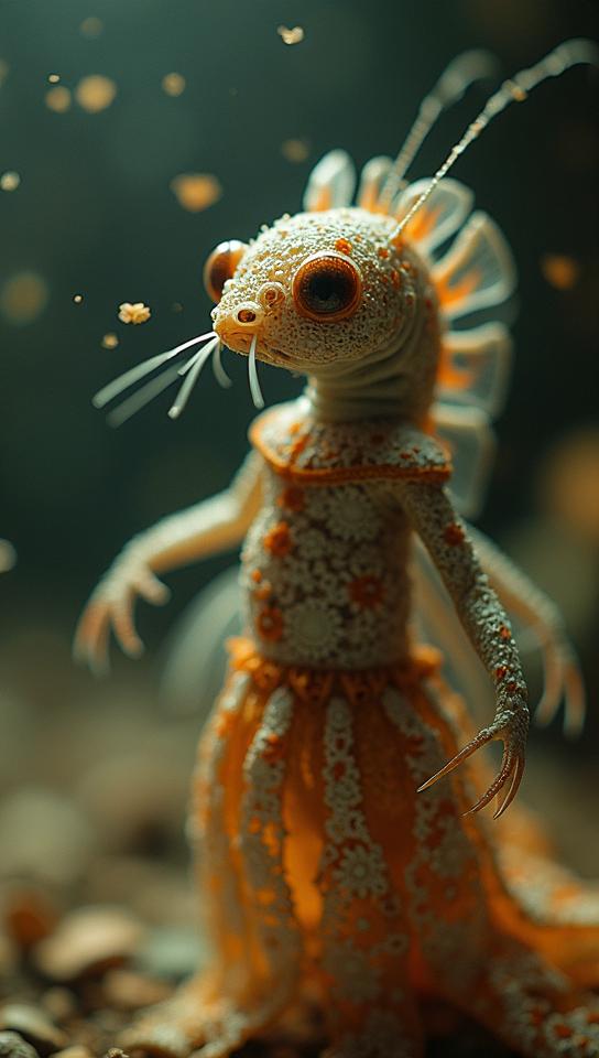 Fashion photography of a lovely Silverfish, it is wearing a fashion outfit, its fashion outfit is good looking and has Floral designs on it, Bokeh
